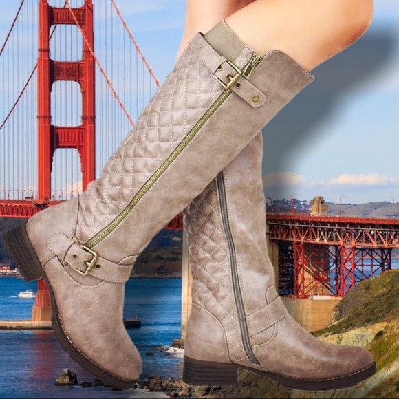 Margo Taupe Quilted Knee High Low Heel Riding Boot - Picture 7 of 9